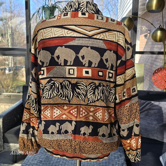 Vtg Zoo Animal Elephant Leopard Print Beaded Full Zip Jacket Alfred Dunner 10 - Picture 2 of 10